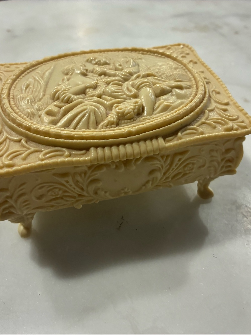 Vintage Celluloid Plastic Ivory Color Jewelry Mirror Box Victorian  Design